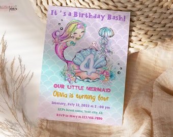 4th Mermaid Birthday Invitation, under the sea Birthday Invitation, Ocean Birthday Invite, 4th birthday invite, Editable Digital Printable