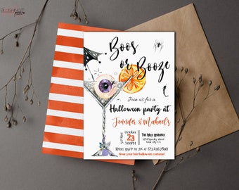 May include: Halloween party invitation with a spooky cocktail illustration. The invitation reads "Boos or Booze" and includes the date, time, and location of the party.