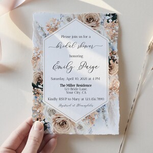 Dusty Blue Bridal Shower Invitation, Boho Blue Floral Bridal Shower Invite, Floral Bridal Shower Invite Bundle, Digital Editable template