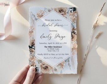 Dusty Blue Bridal Shower Invitation, Boho Blue Floral Bridal Shower Invite, Floral Bridal Shower Invite Bundle, Digital Editable template