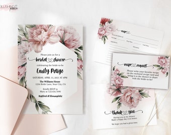 Blush Bridal Shower Invitation, Dusty Rose Floral Bridal Shower Invite, Dusty Pink Bridal Shower Invite Bundle, Peony, Digital DIY template