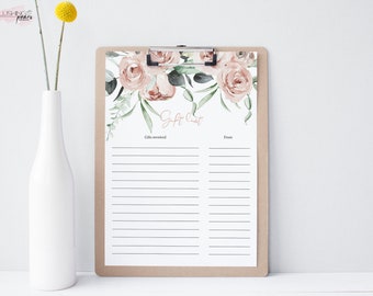 Bridal Shower Gift List, Pink Floral List of Received Gifts, Dusty Rose Bridal Shower, Gifts Received -Instant Download - Not Editable