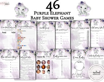 May include: A set of 10 printable baby shower games featuring a purple elephant and floral design. The games include "Name That Baby Song", "Guess Who! Mommy or Daddy", "How Old Were They?", "Baby Name Race", "Guess the Baby", "Celebrity Baby Name", "Draw Baby", "Find the Guest", "Guess the Sweet Treat", and "How Old Was She?"