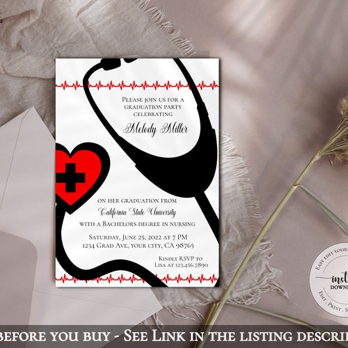 Editable Nursing Graduation Invitation. Registered Nurse Etsy