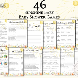May include: A set of 46 printable baby shower games with a sunshine theme. The games include "Baby Mad Libs", "Who Knows Daddy Best?", "Who Am I?", "In Your Purse", "What's In Your Phone?", "Baby True or False", "The Price is Right", "Over or Under", "Old Wives Tales", "The Mommy or Daddy Game", "Baby Rhyme Quiz", and "Baby Name Race".