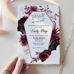 Halloween Bridal Shower Invitation, Til Death Do Us Part Bridal Shower Invite, Gothic Burgundy floral Shower, Hens party, Editable bh02