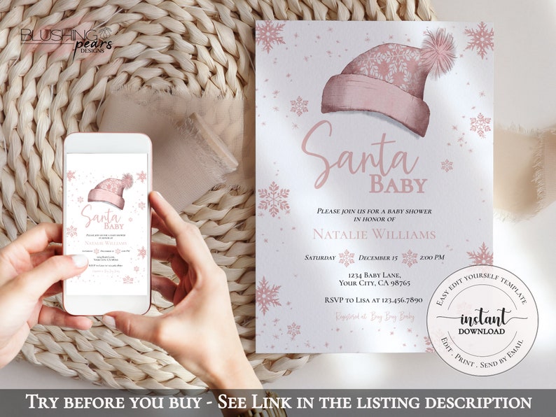 Op de afbeelding: Roze en witte babyborrel uitnodiging met een kerstmanmuts en sneeuwvlokken, met de tekst "Santa Baby". De uitnodiging bevat de datum, tijd en locatie van de babyborrel. Het bevat ook de tekst "Eenvoudig zelf bewerken" en "Direct downloaden".