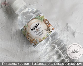 Etiket bos waterfles, Greenery Forest Animals waterflesetiket, Woodland etiket waterfles babyshower, digitale afdrukbare DIY wb01