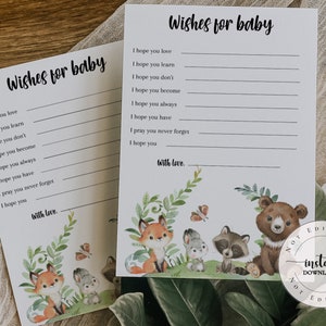 Woodland Baby Shower Sign, Greenery Forest Animals wensen voor baby, Woodland Well Wishes Card, Digital Printable