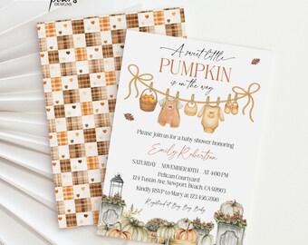 Our Little pumpkin On the Way invitation, Baby Clothes Fall Baby Shower Invitation, Boy Fall Baby Shower Invite, Editable Digital BC1