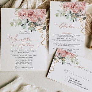 Blush and Gold Wedding Invitation set, Boho mauve wedding invitation suite, Dusty Rose wedding invitation bundle, Digital Printable DIY bg1