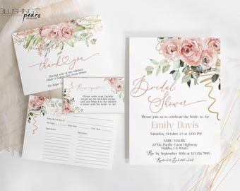 Editable Blush Bridal Shower Invitation Bundle, Dusty Rose Floral Bridal Shower Invite, Blush and Gold Bridal Shower, Digital template bg1