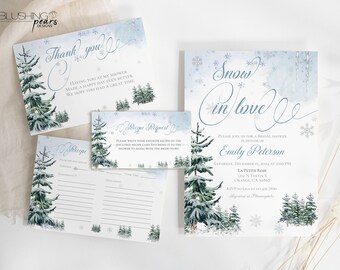 May include: A winter-themed bridal shower invitation with a watercolor background of snowy trees and snowflakes. The text reads "Snow in love" and includes the bride's name, date, time, and location.