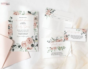 Dusty Rose Bridal Shower Invitation, Pink Boho Floral Bridal Shower Invite, Dusty Pink Bridal Shower Bundle, Recipe Card, Digital DIY
