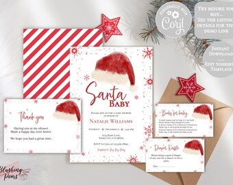 Weihnachtsmann Einladungsset, Weihnachten BabyParty Einladung, Winter Shower Einladung, Bücher für Baby, Windelraffle, DIY, editierbar sb01