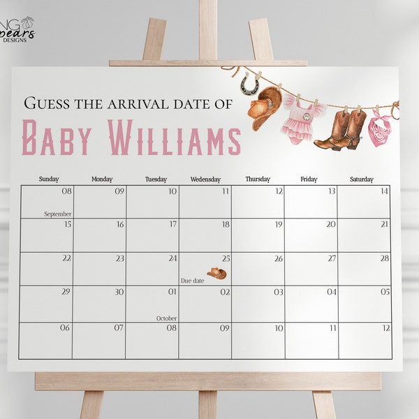 Editable Cowgirl Baby Shower Due Date Calendar, A Little Cowgirl is on the Way Game, Wild West Western, Rodeo Country Baby Shower, DIY CB01