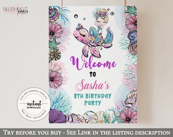 May include: A welcome sign for a birthday party with a mermaid riding a turtle. The sign is decorated with pink, purple, and blue sea life. The text on the sign reads "Welcome to Sasha's 8th Birthday Party".