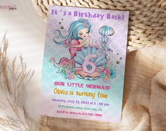 6th Mermaid Birthday Invitation, under the sea Birthday Invitation, Ocean Birthday Invite, 5th birthday invite, Editable Digital Printable