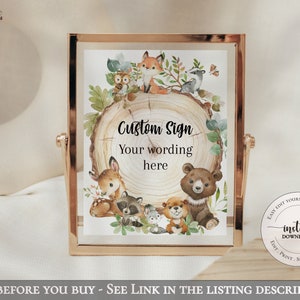 Woodland Baby Shower Sign, Groen Forest Animals Custom Sign, Woodland Favors kaarten en geschenken goed wensen, Digitaal Afdrukbaar