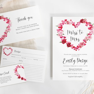 Editable Valentine Bridal Shower Invitation Bundle, Miss to Mrs Bridal Shower Invite, Floral Heart Bride to be Shower, Digital DIY vbr09