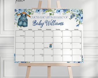 Blue Jean baby shower Due Date Calendar Game, Blue Jean baby shower, Denim Floral Baby Shower, Editable Printable Digital template bj01