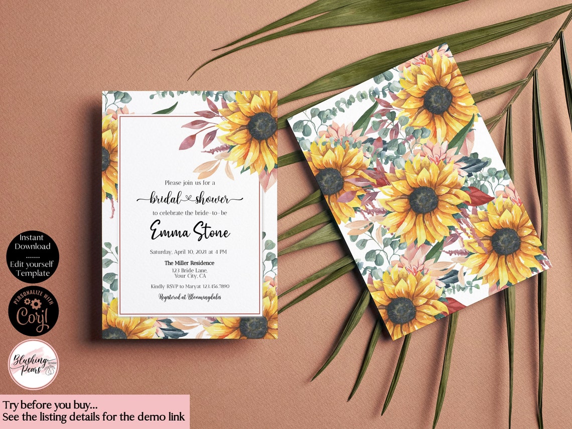 Sunflower Bridal Shower Invitation Template Yellow Floral Etsy