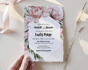 Blush Bridal Shower Invitation, Dusty Rose Floral Bridal Shower Invite, Dusty Pink Bridal Shower Invite, Peony, Digital DIY template