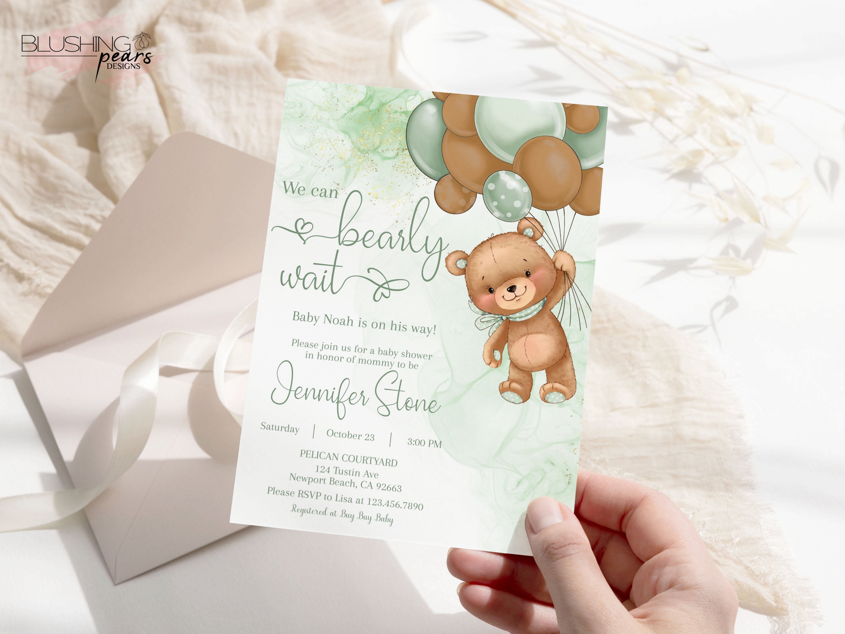 Teddy Bear Baby Shower Invitation Bundle, We Can Bearly Wait Green Baby ...
