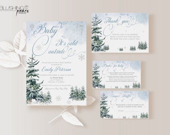 May include: Winter-themed baby shower invitation set with a blue and white color scheme. The invitation features a snowy forest scene with the text "Baby It's Cold Outside". The thank you card features a similar snowy forest scene with the text "Thank You". The diaper raffle card features a snowy forest scene with the text "Diaper Raffle". The favors card features a snowy forest scene with the text "Favors for Baby".