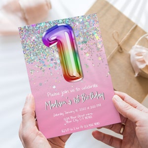 1st Birthday Invitation, Pink Glitter Birthday Invitation, Rainbow balloons 1st Birthday Invite, Holographic, Editable Digital Printable