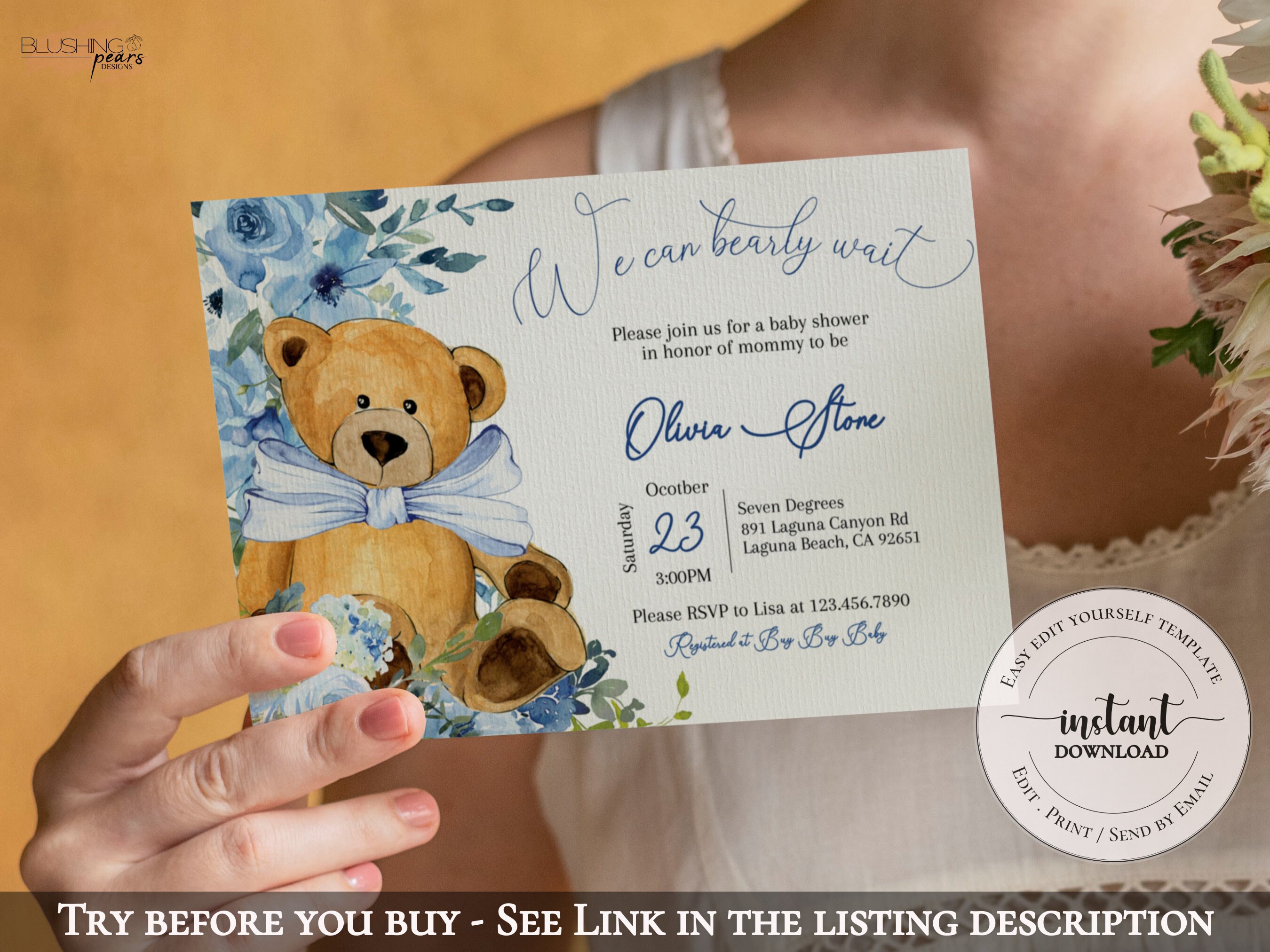 Teddy Bear Baby Shower Invitation We Can Bearly Wait Blue - Etsy
