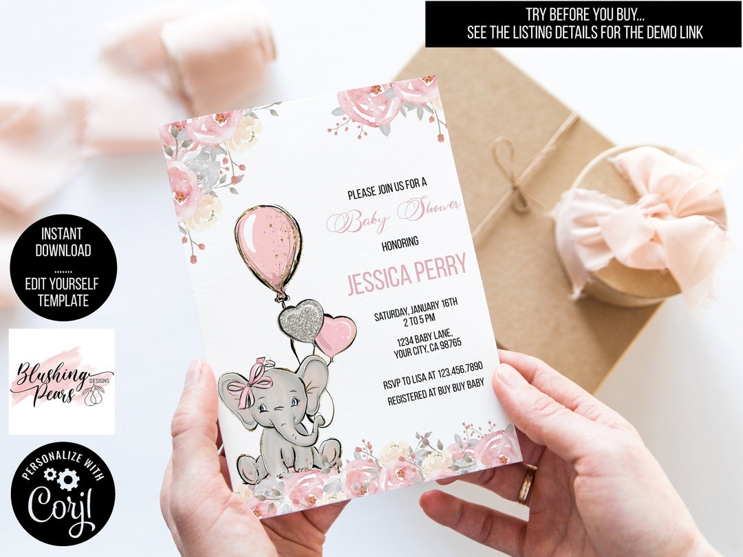 Elephant Pink Baby Shower Invitation, It's A Girl Baby Shower ...