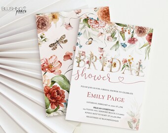 May include: Bridal shower invitation with a watercolor floral design. The invitation features the words "Bridal Shower" in gold lettering with a pink heart. The text includes the bride's name, Emily Paige, the date and time of the shower, and the location. The invitation is decorated with a watercolor floral design in shades of pink, red, and green.