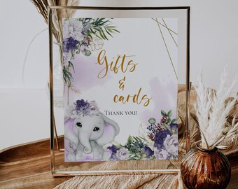 Elephant baby shower Gifts And Cards Sign, Purple Elephant baby shower Sign, Floral Shower, NOT Editable template, Instant Download PE01