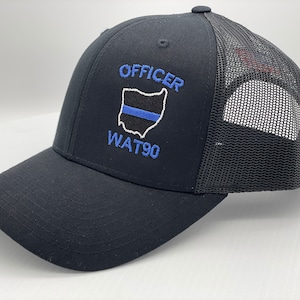 Personalize Thin Blue Line States Embroidered Trucker Hats.  All 50 states available - Show your Support to the Boys in Blue!