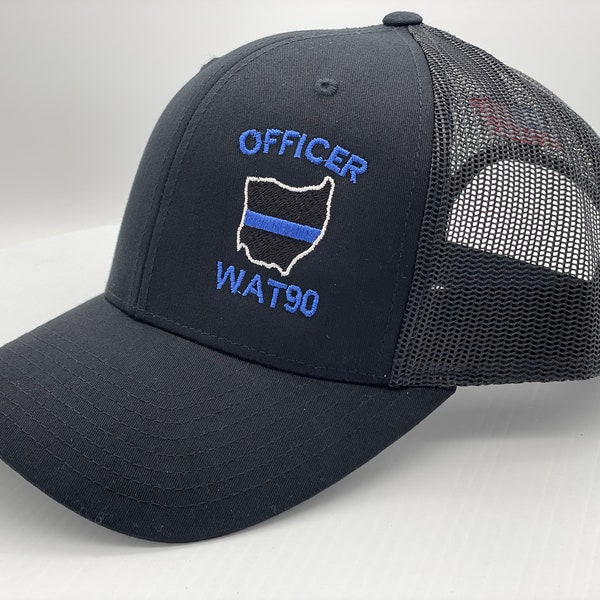 Personalize Thin Blue Line States Embroidered Trucker Hats.  All 50 states available - Show your Support to the Boys in Blue!