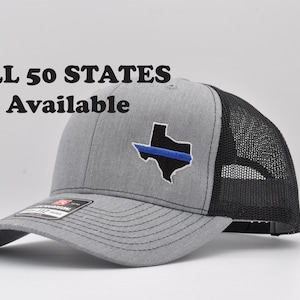 Thin Blue Line States Embroidered Trucker Hats.  All 50 states available - Show your Support to the Boys in Blue!