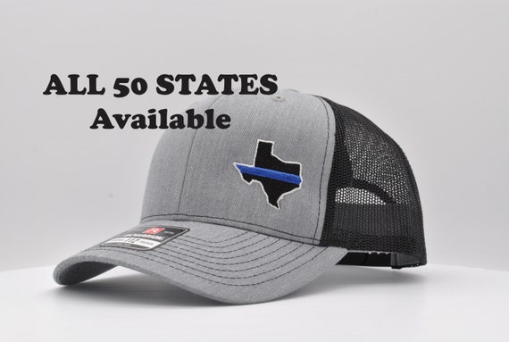 Thin Blue Line States Embroidered Trucker Hats.  All 50 states available - Show your Support to the Boys in Blue!