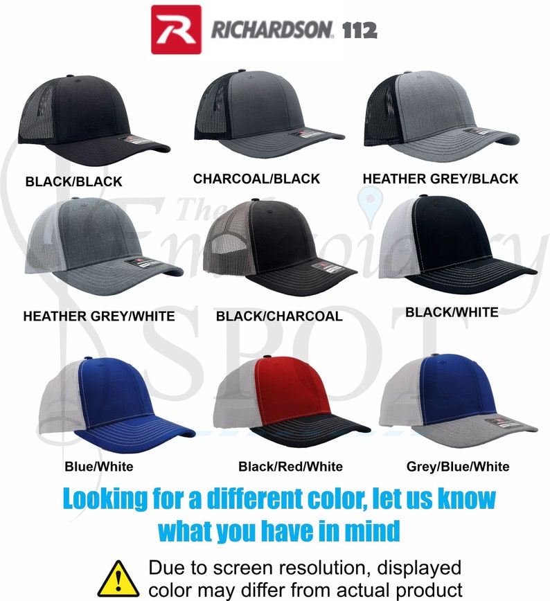 May include: A variety of trucker hats in different color combinations. The hats are all black with a mesh back and a variety of colored front panels. The colors include black, charcoal, heather grey, white, blue, red, and grey. The hats are all labeled with the color combination of the front panel and the back panel. The text "RICHARDSON. 112" is visible at the top of the image.
