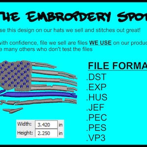 Puede incluir: Imagen con el texto "THE EMBROIDERY SPOT" y un diseño de bandera americana desgastada. Incluye formatos de archivo: .DST, .EXP, .HUS, .JEF, .PEC, .PES y .VP3. El diseño mide 8,69 cm de ancho y 5,72 cm de alto.