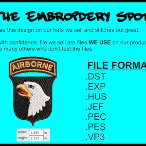 Puede incluir: Un diseño de bordado en blanco y negro de un águila con la palabra "AIRBORNE" en una pancarta amarilla encima. El diseño tiene 1,553 pulgadas de ancho y 2,253 pulgadas de alto. La imagen también incluye una lista de formatos de archivo: DST, EXP, HUS, JEF, PEC, PES y VP3.