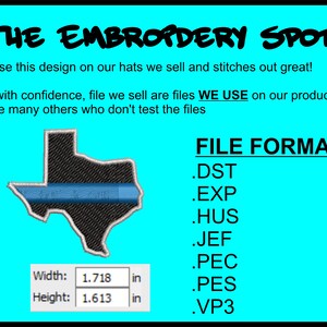 May include: An embroidered patch featuring the outline of Texas with a blue stripe. The patch is 1.718 inches wide and 1.613 inches high. Text on the image reads "THE EMBROIDERY SPOT" and lists file formats.