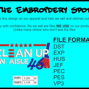 Clean Up On Aisle 46  Machine Embroidery Design Files | Instant Download |  7 format files
