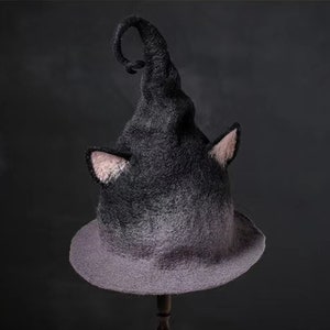 Handmade Halloween witch hat with cat ears, Gothic magic costume accessories vintage cosplay party wizard hat, gift for her, cat ear hat