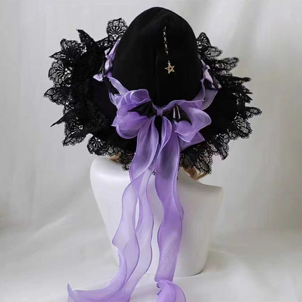 Chapeau de sorcière d'Halloween, accessoires de costume de magie gothique, chapeau de sorcier vintage en dentelle noire, gros nœud, cosplay, ruban de fleur rose