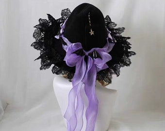 Halloween witch hat, Gothic magic costume accessories props vintage black lace big bow cosplay party wizard hat, Rose Flower Bowknot Ribbon