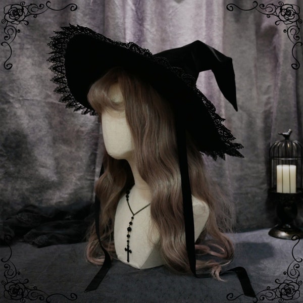 Simple handmade black Halloween witch hat, Gothic magic costume accessories props vintage big cosplay party wizard hat, Gorgeous witch hat