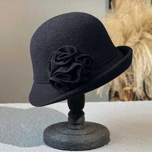 Fall Winter Foldable Wool Floral Bucket Hat For Women, Cloche Hat, Elegant Hat for Women, Woolen Hat, Gift For Her, Black, Beige, Gray