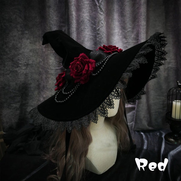 Chapeau de sorcière d'Halloween fait main, accessoires de costume de magie gothique chapeau de sorcier cosplay noir vintage avec fleurs, chapeau de seau à large bord, cadeau