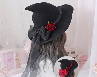 Halloween witch hat, Gothic magic costume accessories props vintage black lace big bow cosplay party wizard hat, Rose Flower Bowknot Ribbon